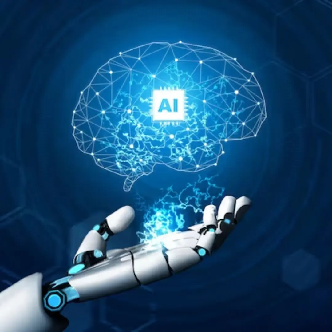 A robotic hand grasps a digital representation of a brain, with circuits and the letters "AI" inside, symbolizing the advance of artificial intelligence. The background showcases a blue geometric pattern, emphasizing cutting-edge technology.