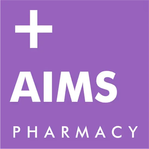 Purple background with a white medical cross above the text "AIMS Pharmacy.