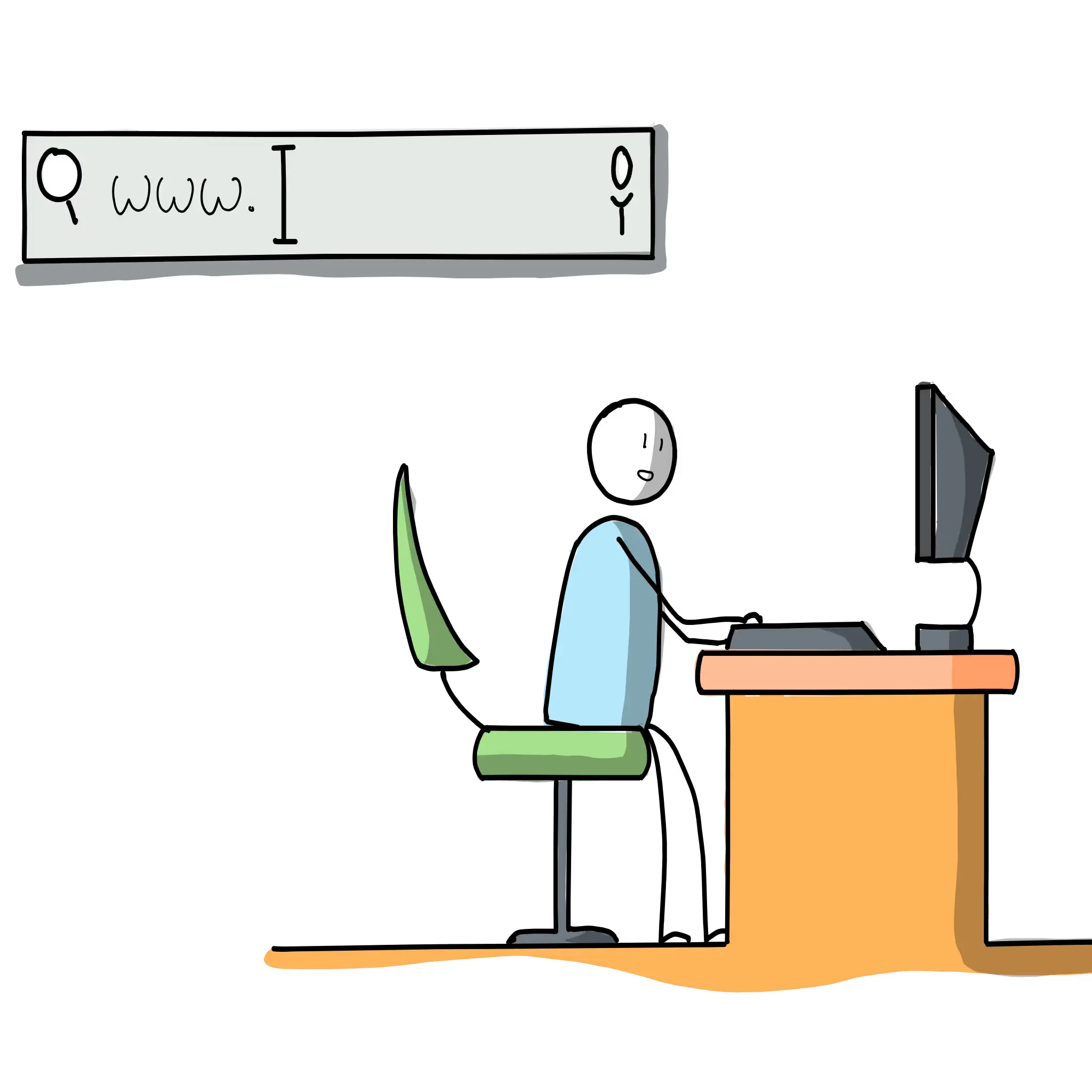 Person using a tablet at a desk with various holographic icons depicting technology and communication. Nearby are charts, a laptop, and papers.