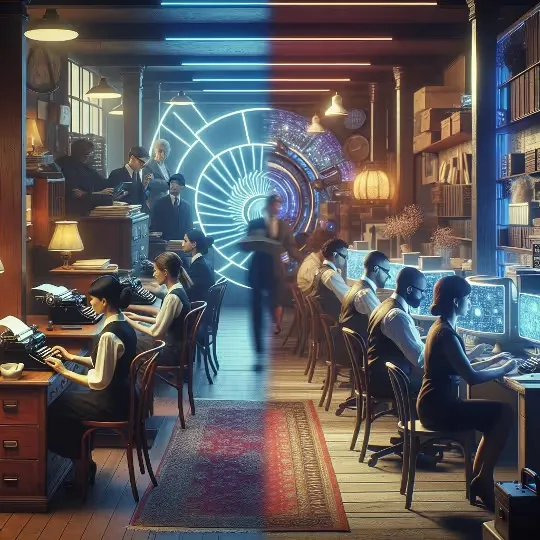 A split scene depicting a vintage office with typewriters on the left and a futuristic office with computers on the right, showing an evolution of technology.