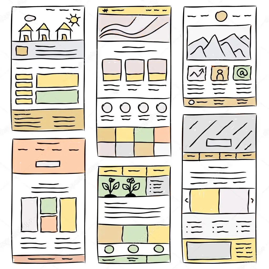 Illustration of six hand-drawn website wireframes, each with varied layouts, including headers, image placeholders, text boxes, and navigation elements.