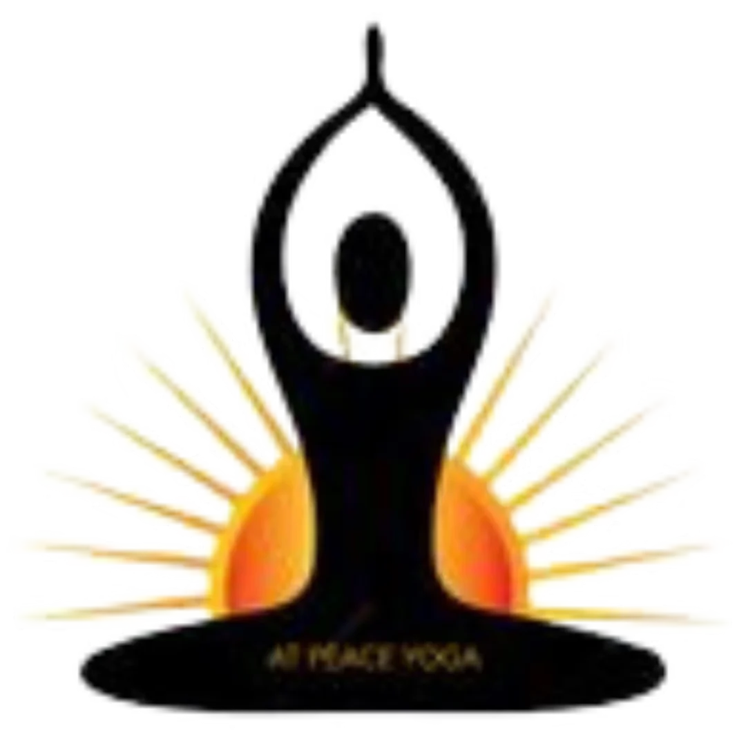 Silhouette of a person in a yoga pose with a sunrise in the background. Text reads "At Peace Yoga.