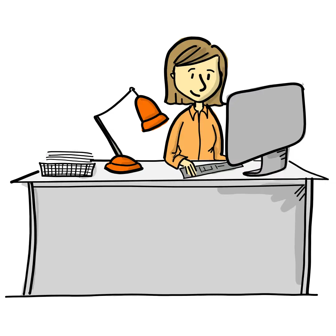 Cartoon of a person sitting at a desk with a computer, keyboard, stack of papers, desk lamp, and bell.