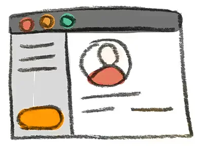 Illustration of a computer screen displaying a user profile page with an avatar and text in a stylized, sketch-like design.